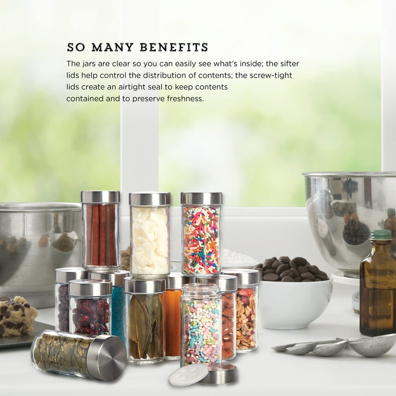 Kamenstein Clear Reusable 3 Oz Jars With Stainless Steel Shaker Lids, And Twist-On Caps For Airtight Seals 12 Pk - Image 2